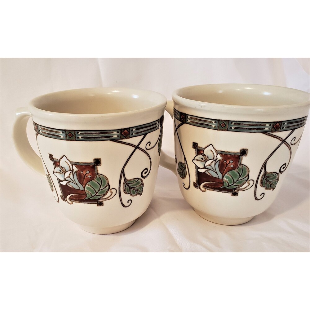 VTG 2 Pfaltzgraff Coffee Mugs Mission Flower Art Nouveau Cups Green Teacups 80s